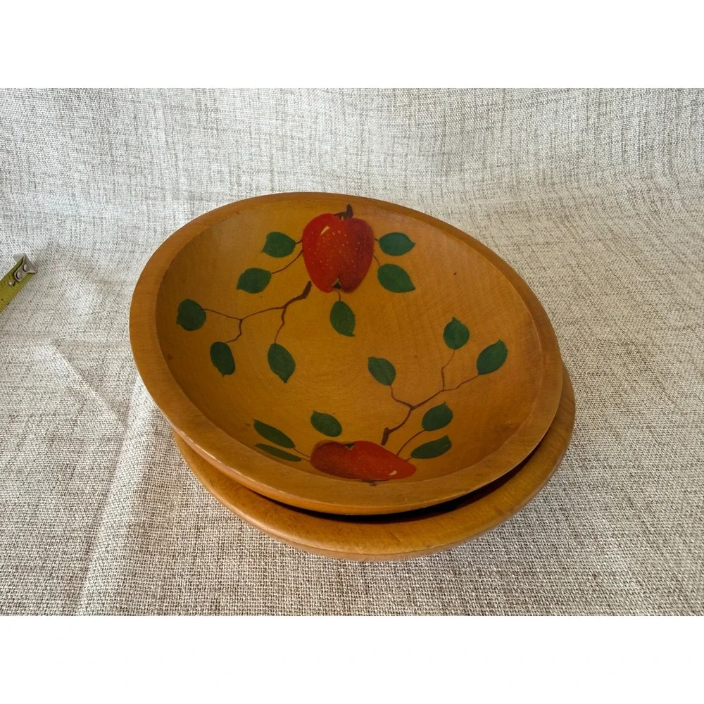 Vermont Wood Specialties Wooden Bowls Set 2 Brown Good Hand Painted Apple Fruit